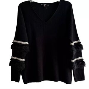 Sloni Sweater Fur Trim Rhinestone Sequin Sparkle Embroidered Women's Size M